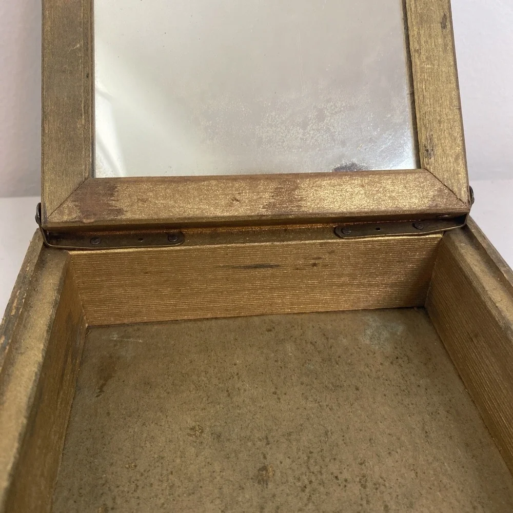 Vintage Wood Vanity Dresser Gold Jewelry Box Mirror 5x6